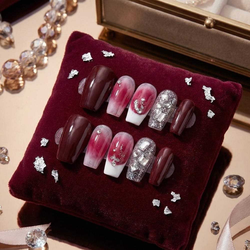 Elegant Burgundy and Glitter Press-On Nails
